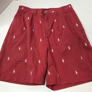 Polo Ralph Lauren Tyler Shorts 30 Red All Over Pony Embroidered Pleated READ!